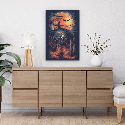 Canvas schilderij interieur Afbeelding van een Skelet voor een Volle Maan
