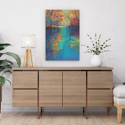 Canvas schilderij interieur Kunstwerk van een Rivier met Bomen op de Achtergrond