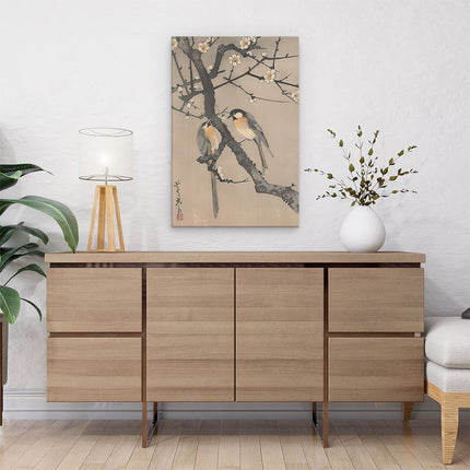 Canvas schilderij interieur Twee Vogels Zaten op een Tak met Bloesems