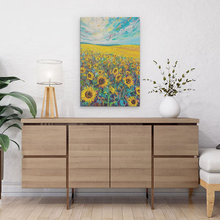 Canvas schilderij interieur Kunstwerk van Zonnebloemen in een Veld