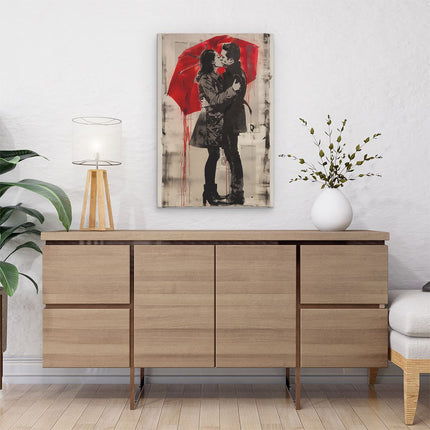 Canvas schilderij interieur Paar Kussen onder een Rode Paraplu