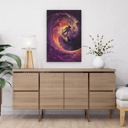 Canvas schilderij interieur Surfer die op een Golf in de Ruimte Rijdt