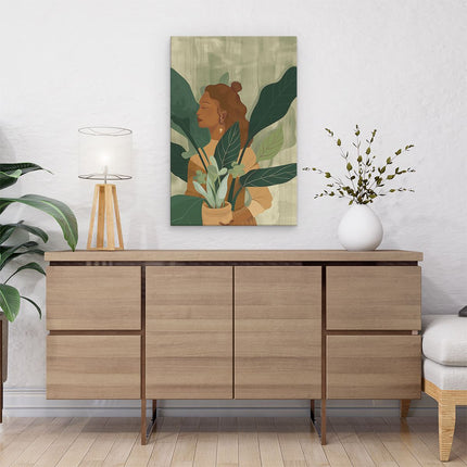 Canvas schilderij interieur Vrouw die een Potplant Vasthoudt