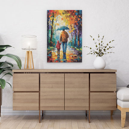Canvas schilderij interieur Man en een Kind Lopen in de Regen met een Paraplu