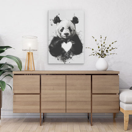 Canvas schilderij interieur Pandabeer die een Hart Vasthoudt