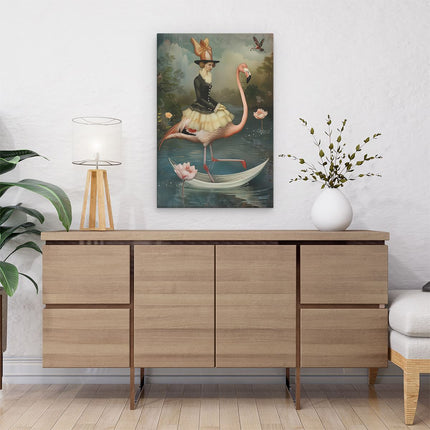 Canvas schilderij interieur Vrouw die een Flamingo op een Boot Berijdt