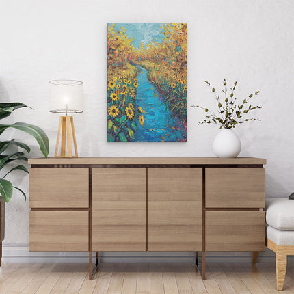Canvas schilderij interieur Olieverfschilderij van een Beekje en Zonnebloemen