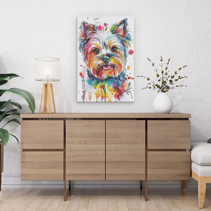 Canvas schilderij interieur Yorkshire Terrier met Kleurrijke Verfspatten