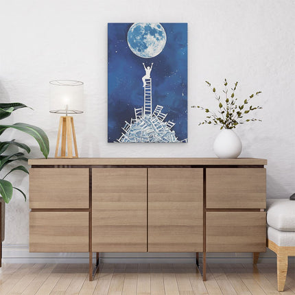 Canvas schilderij interieur Persoon Staat op een Ladder voor een Volle Maan