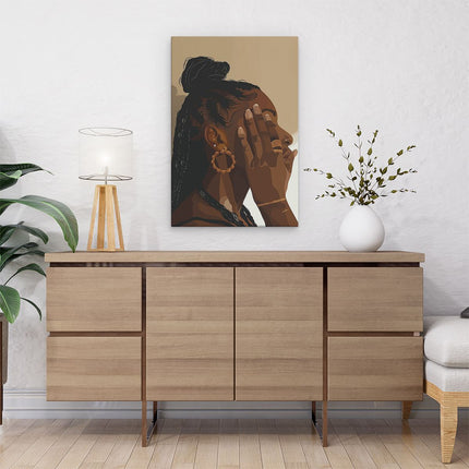 Canvas schilderij interieur Zwarte Vrouw die haar Hand tegen haar Gezicht Hield