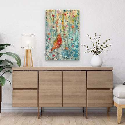 Canvas schilderij interieur Aquarelkunstwerk van een Vogel in een Bloemenveld