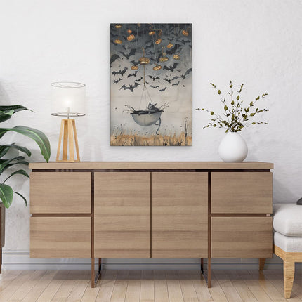 Canvas schilderij interieur Kat zit in een Paraplu met Pompoenen Eraan