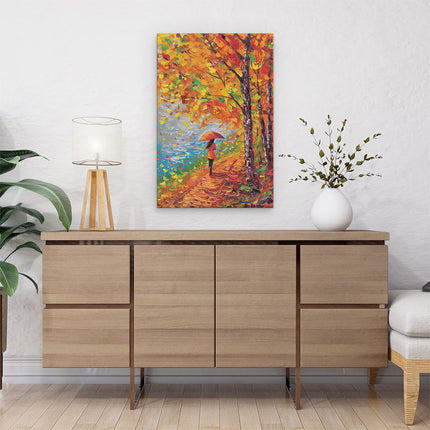 Canvas schilderij interieur Vrouw die met een Paraplu over een Pad loopt