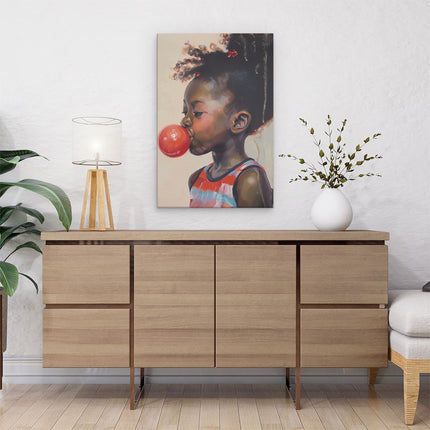 Canvas schilderij interieur Klein Meisje Blaast een Kauwgom