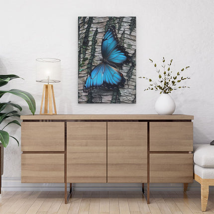 Canvas schilderij interieur Blauwe Vlinder Rustend op de Schors van een Boom