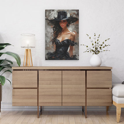 Canvas schilderij interieur Vrouw in een Zwarte Jurk met een Zwarte Hoed