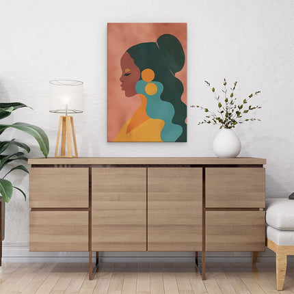 Canvas schilderij interieur Vrouw met Lang haar en Oorbellen