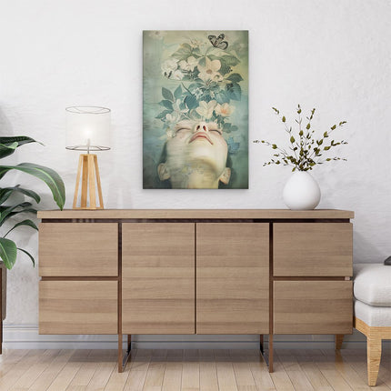 Canvas schilderij interieur Vrouw met Bloemen in haar Hoofd