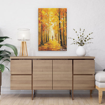 Canvas schilderij interieur Persoon die in de Herfst door een Bos loopt