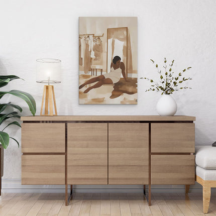 Canvas schilderij interieur Vrouw die op de Vloer ligt voor een Spiegel