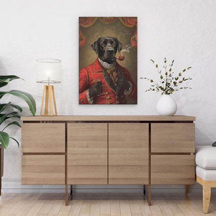 Canvas schilderij interieur Zwart Lab in een Rood Pak met een Pijp