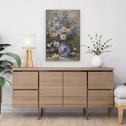 Canvas schilderij interieur Kunstwerk van Bloemen in een Blauw-Witte Vaas