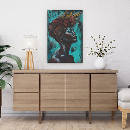 Canvas schilderij interieur Kunstwerk van een Vrouw met Veren op haar Hoofd