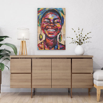 Canvas schilderij interieur Glimlachende Afrikaanse Vrouw die een Kleurrijke Tulband Draagt