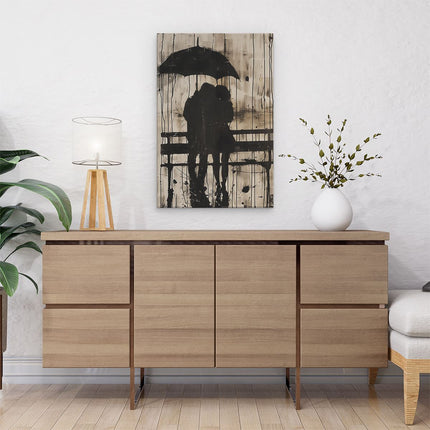 Canvas schilderij interieur Twee Mensen Zitten op een Bankje onder een Parasol