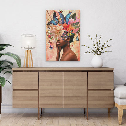 Canvas schilderij interieur Vrouw met Vlinders op haar Hoofd