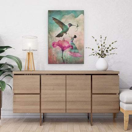 Canvas schilderij interieur Meisje in een Jurk en een Kolibrie