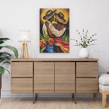 Canvas schilderij interieur Kunstwerk van een Kussend Stel met Hoeden