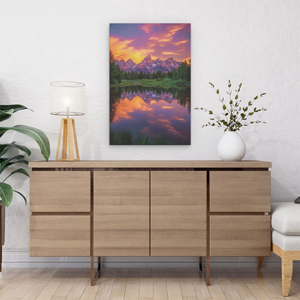 Canvas schilderij interieur De Bergen Worden bij Zonsondergang Weerspiegeld in een Meer