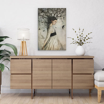 Canvas schilderij interieur Meisje met een Boom op haar Hoofd