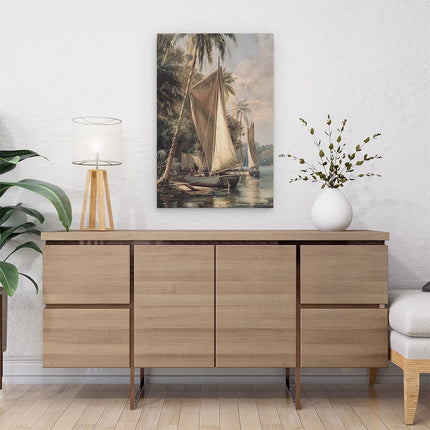 Canvas schilderij interieur Kunstwerk van Zeilboten op een Rivier met Palmbomen