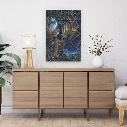 Canvas schilderij interieur Uil zit 's Nachts Bovenop een Boomhut