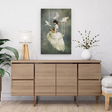 Canvas schilderij interieur Vrouw op een Schommel met Vogels