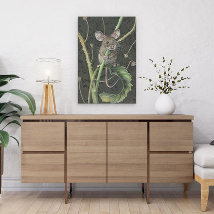 Canvas schilderij interieur Muis zit op een Blad