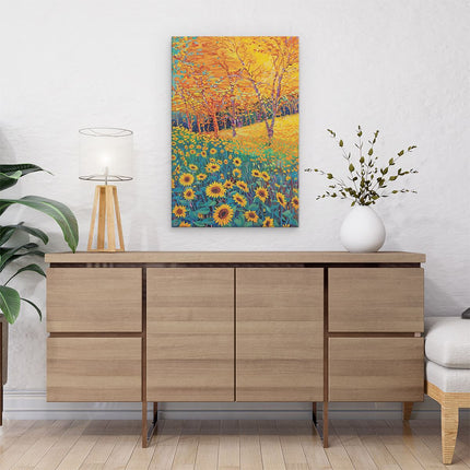 Canvas schilderij interieur Veld met Zonnebloemen met Bomen op de Achtergrond