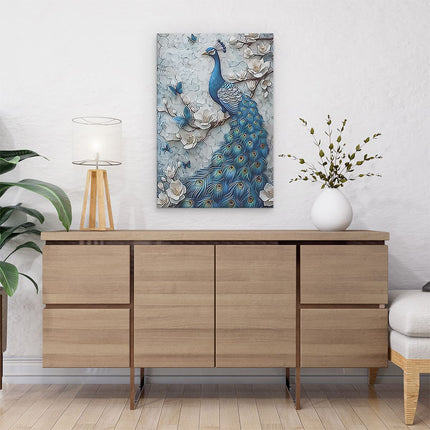 Canvas schilderij interieur Blauwe Pauw zit op een Tak