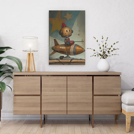 Canvas schilderij interieur Robot zit Bovenop een Raket