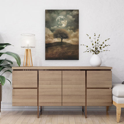 Canvas schilderij interieur Eenzame Boom op een Heuvel met een Volle Maan aan de Hemel