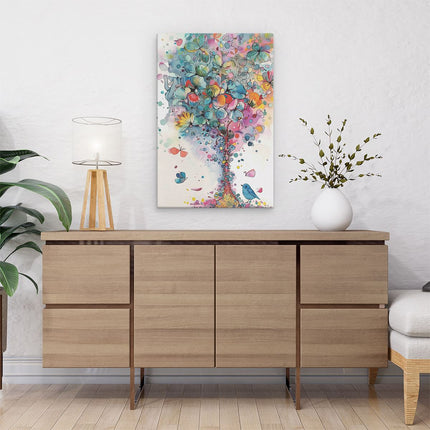 Canvas schilderij interieur Kleurrijk Kunstwerk van een Boom met Vogels en Vlinders