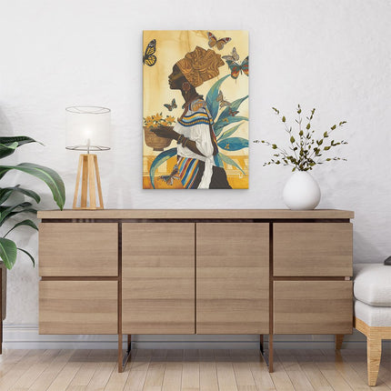 Canvas schilderij interieur Afrikaanse Vrouw met een Mand met Vlinders