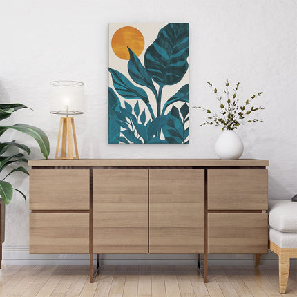 Canvas schilderij interieur Illustratie van een Tropische Scène met Bladeren en een Zon