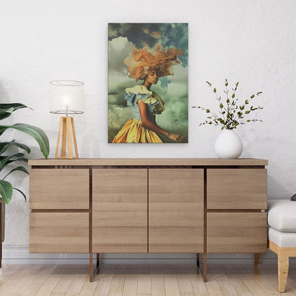Canvas schilderij interieur Vrouw in een Gele Jurk Staande in een Veld