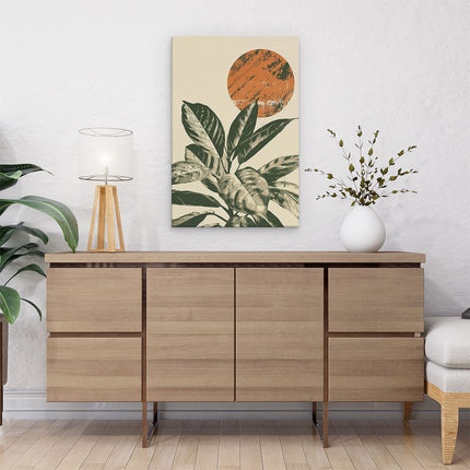 Canvas schilderij interieur Plant met een Zon op de Achtergrond