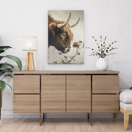 Canvas schilderij interieur Koe met Lange Hoorns in een Veld met Bloemen