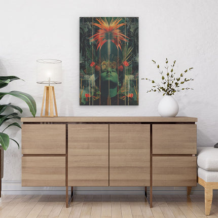 Canvas schilderij interieur Het Hoofd van de Vrouw is Omgeven door Planten en Bloemen