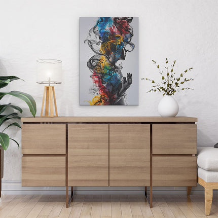 Canvas schilderij interieur Vrouw met Kleurrijke Rook in haar Haar
